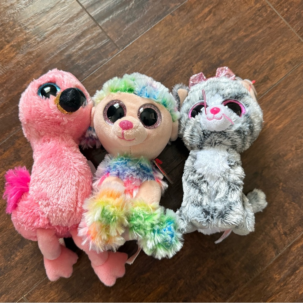 Ty Pink Flamingo, Rainbow Sloth, and Gray Cat Plush Set